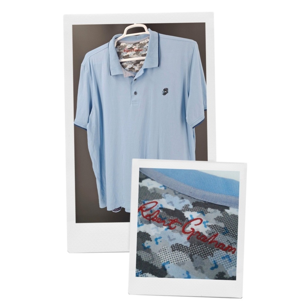 Robert Graham Polo Shirt Mens 3XL Light Blue Classic Fit Camo Trim Skull Logo